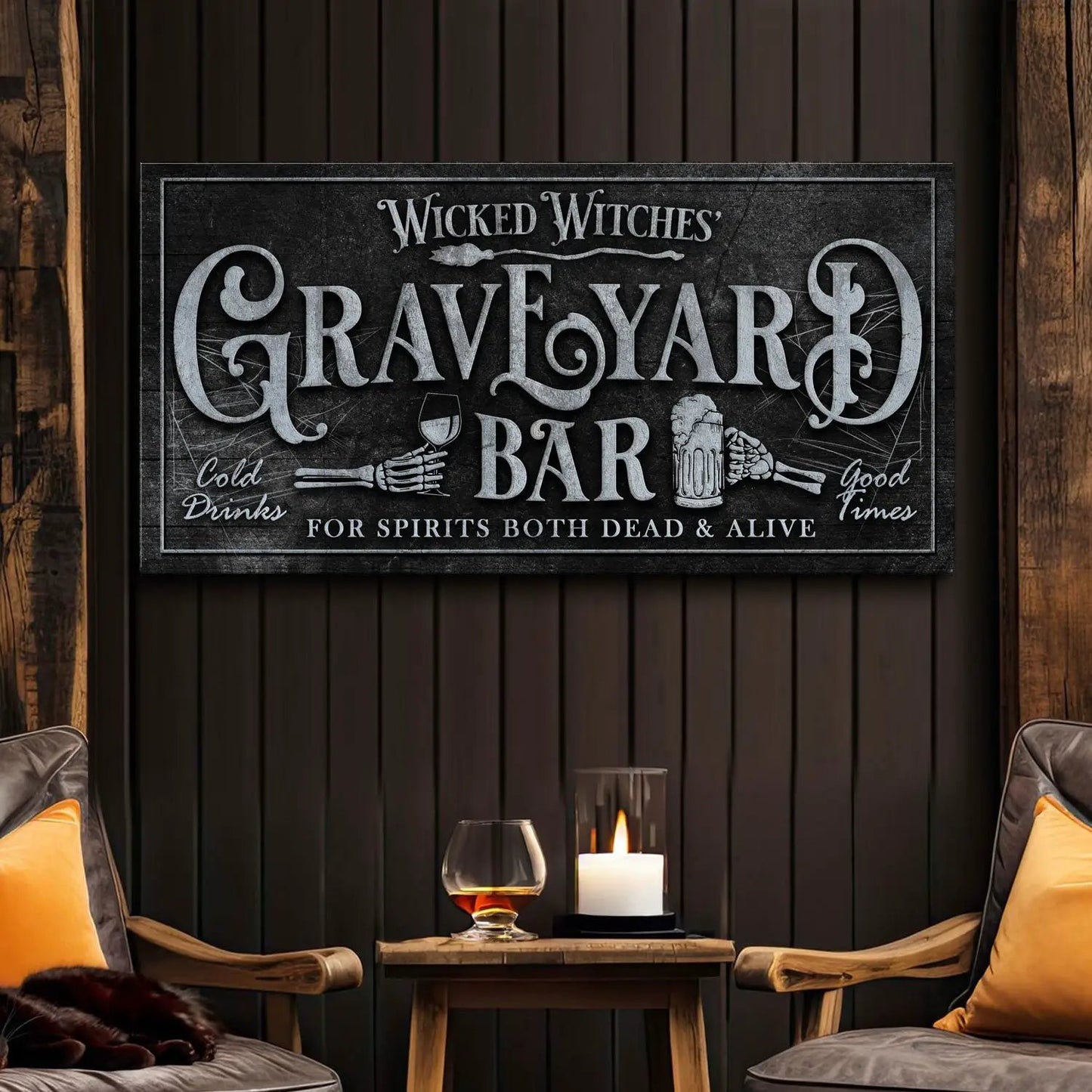 Canvas sign Wicked Witches' Graveyard Bar II by Tailored Canvases, dark rustic design on Tampa Home & Garden Store