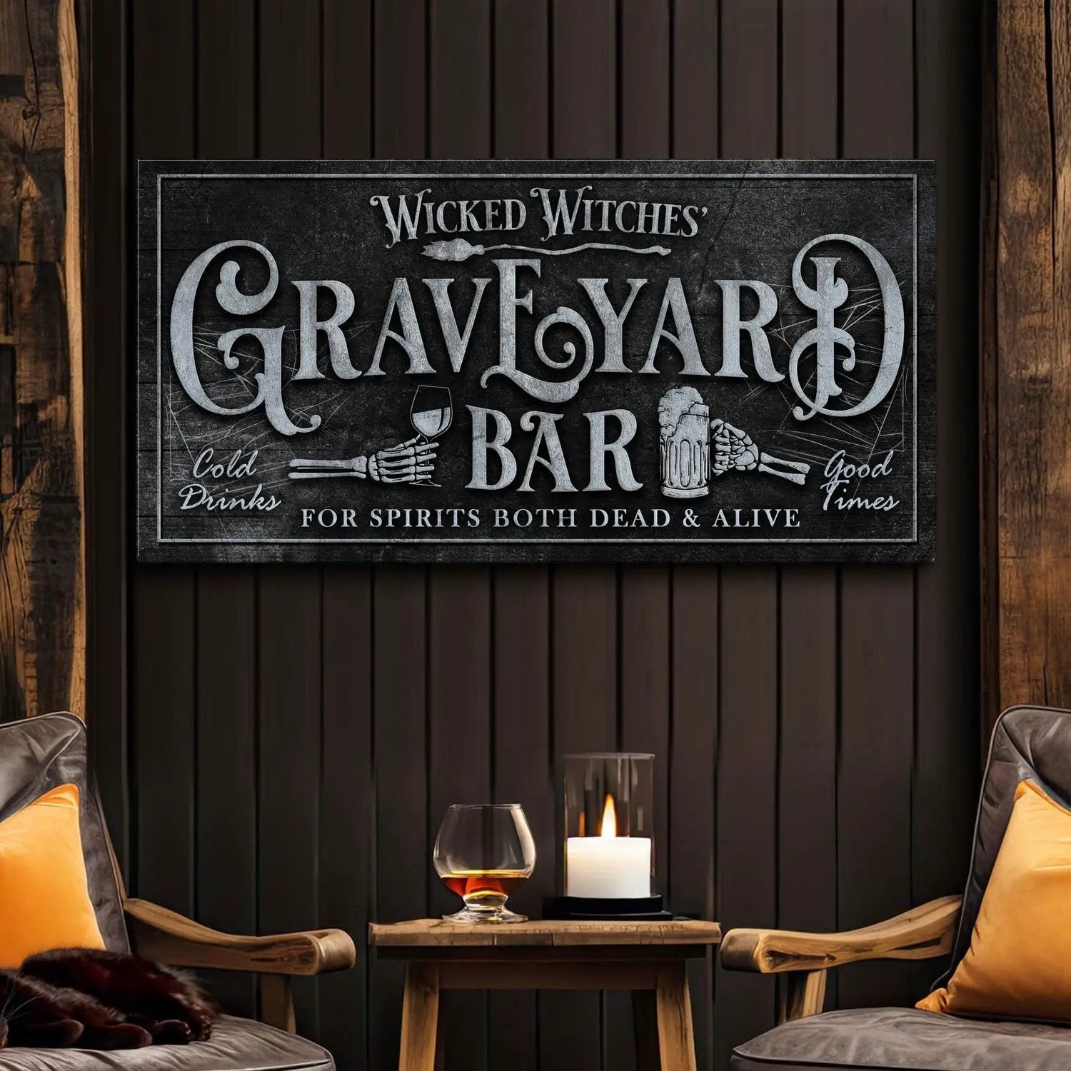 Canvas sign Wicked Witches' Graveyard Bar II by Tailored Canvases, dark rustic design on Tampa Home & Garden Store