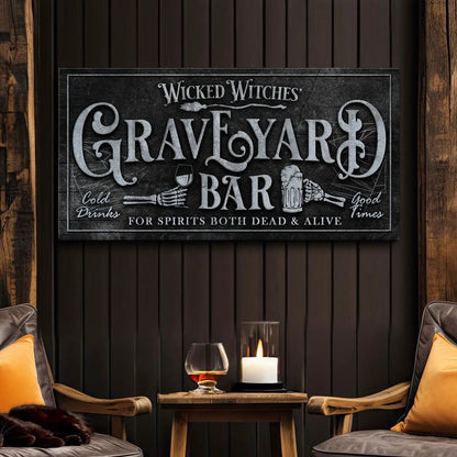 Canvas sign Wicked Witches' Graveyard Bar II by Tailored Canvases, dark rustic design on Tampa Home & Garden Store