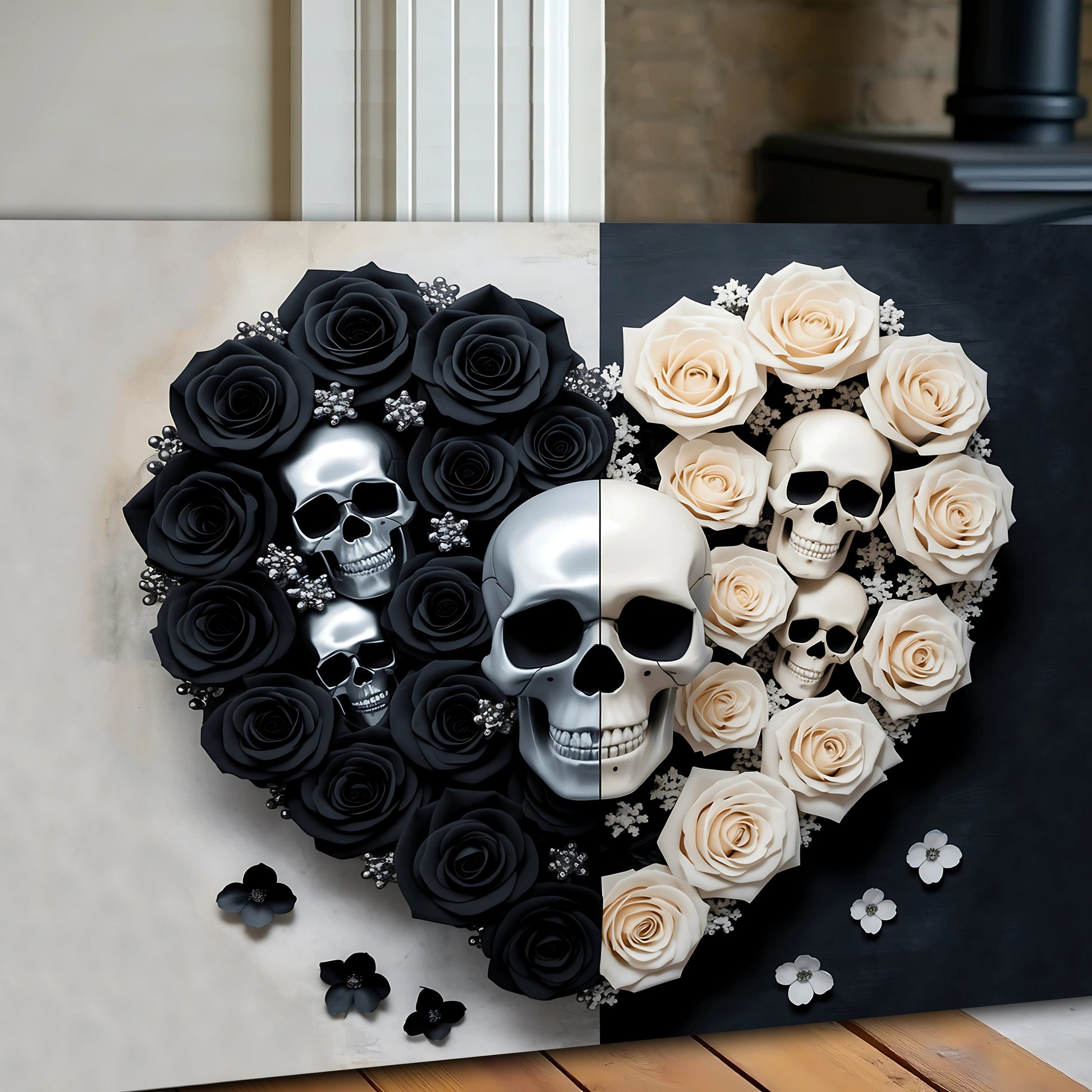 Skull and Flowers Wall Art XIII canvas featuring black and cream rose skull collage on Tampa Home & Garden Store
