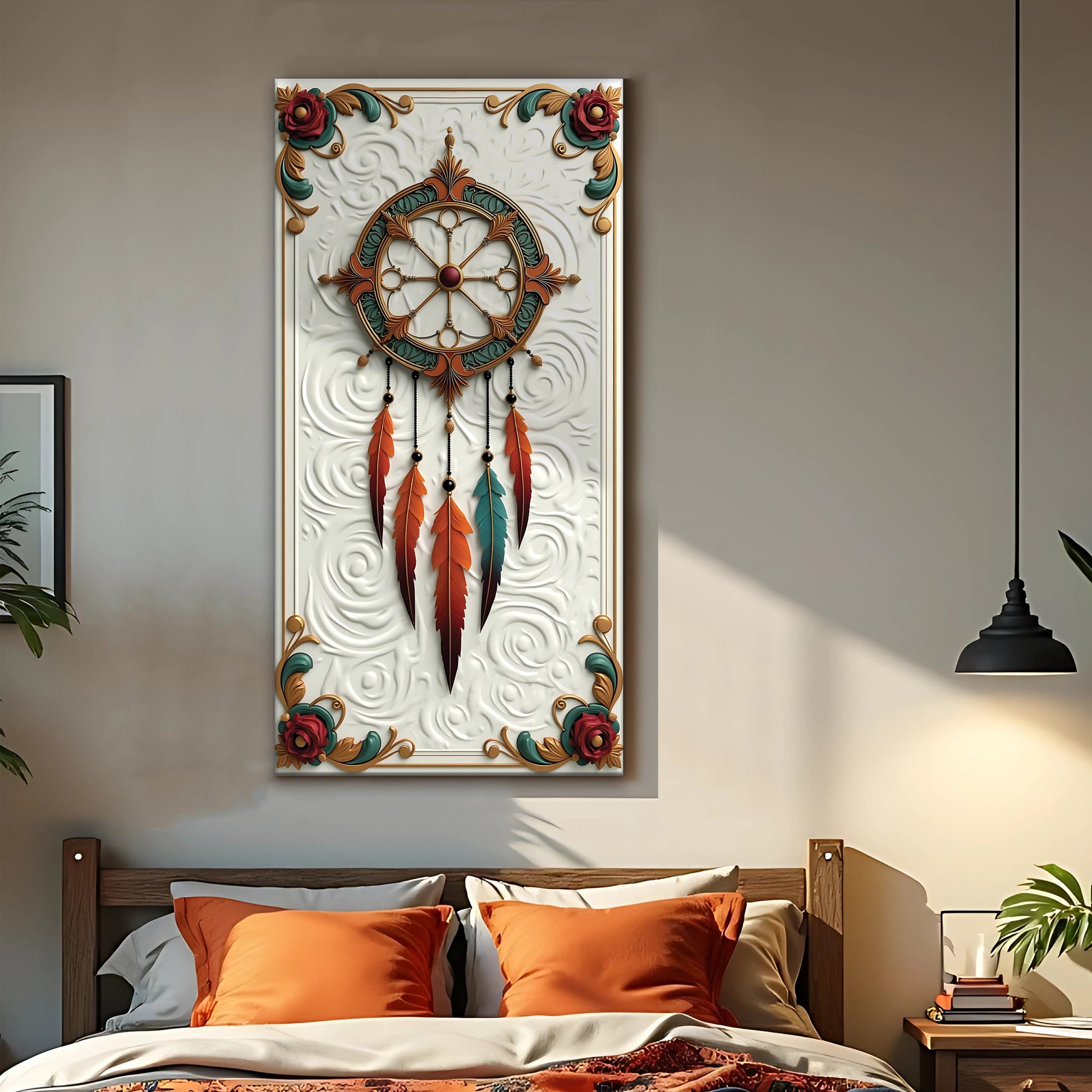 3D Whispering Feathers Wall Art III canvas by Tailored Canvases with teal and orange feathers on an embossed white panel on Tampa Home & Garden Store