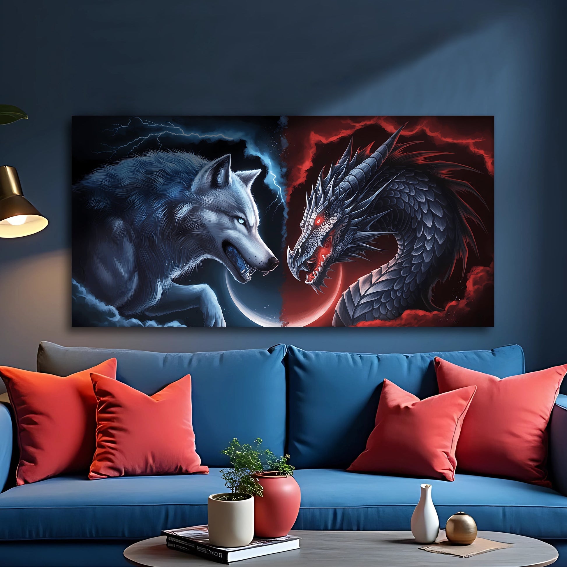 3D Dragon and Wolf Wall Art Canvas by Tailored Canvases, blue wolf vs red dragon duel on Tampa Home & Garden Store