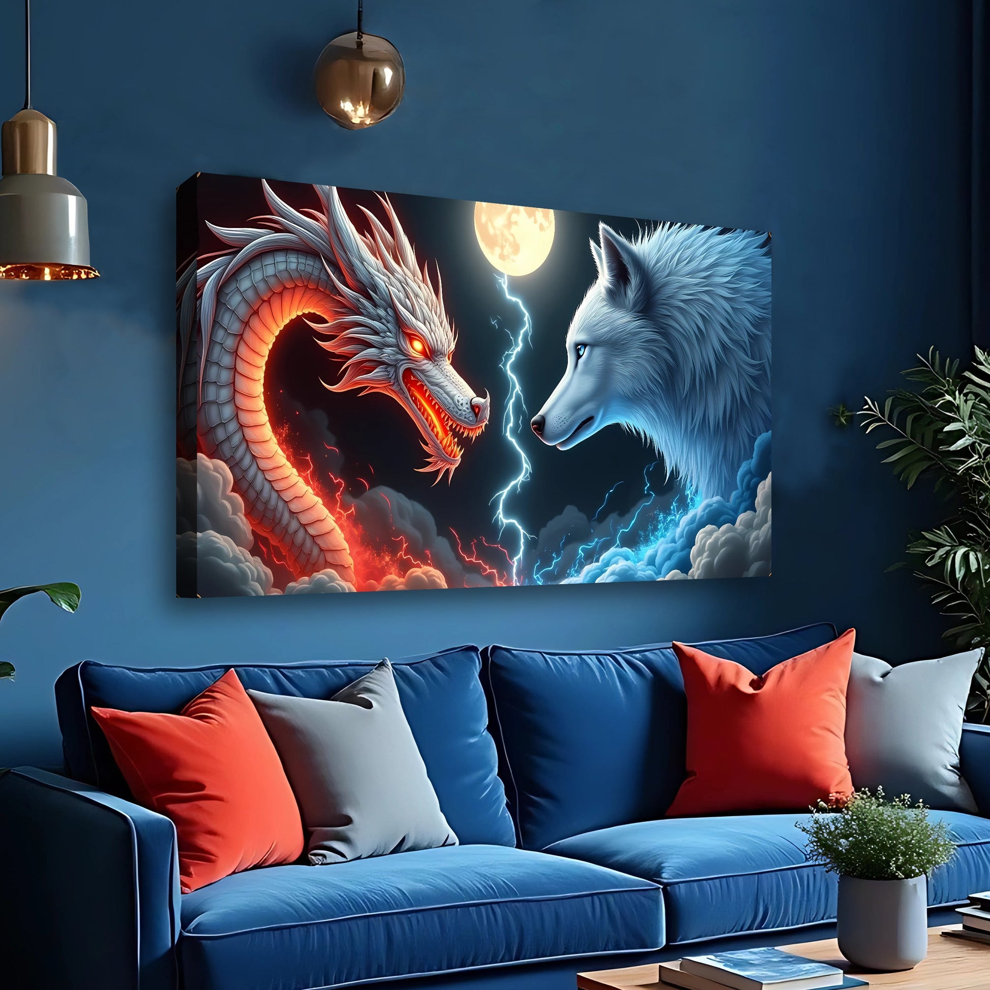 3D Dragon and Wolf wall art canvas with blue-toned wolf, fiery red dragon, moonlit sky on Tampa Home & Garden Store