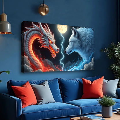 3D Dragon and Wolf wall art canvas with blue-toned wolf, fiery red dragon, moonlit sky on Tampa Home & Garden Store