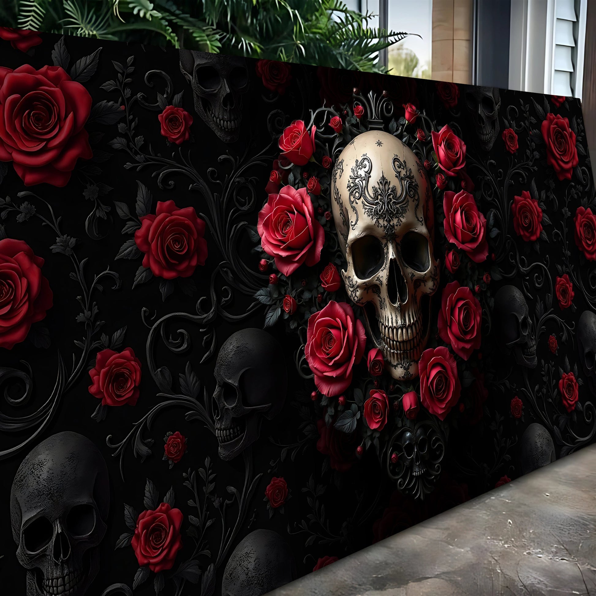 3D Rose and Skull Wall Art III canvas with red roses on black background Tailored Canvases on Tampa Home & Garden Store