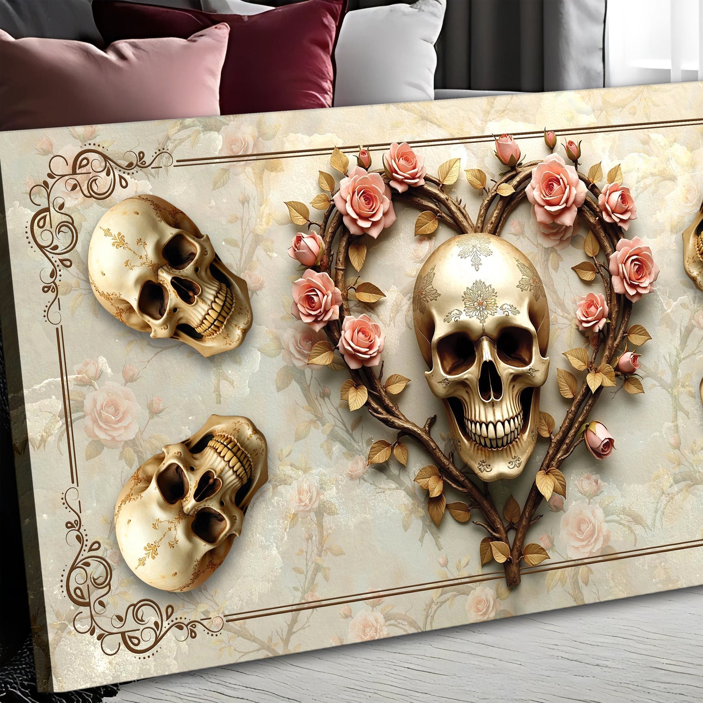 3D Vintage Skull Wall Art on canvas with pink roses and gold vines on Tampa Home & Garden Store