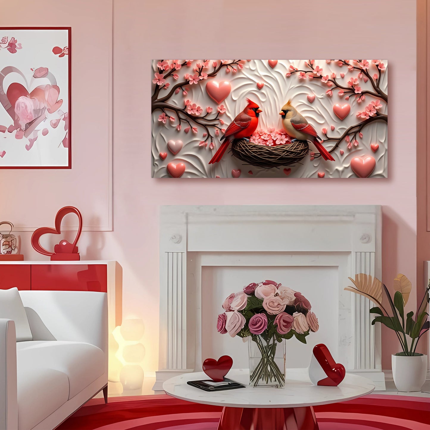 3D Cardinals wall art canvas by Tailored Canvases; two cardinals with pink blossoms on canvas on Tampa Home & Garden Store