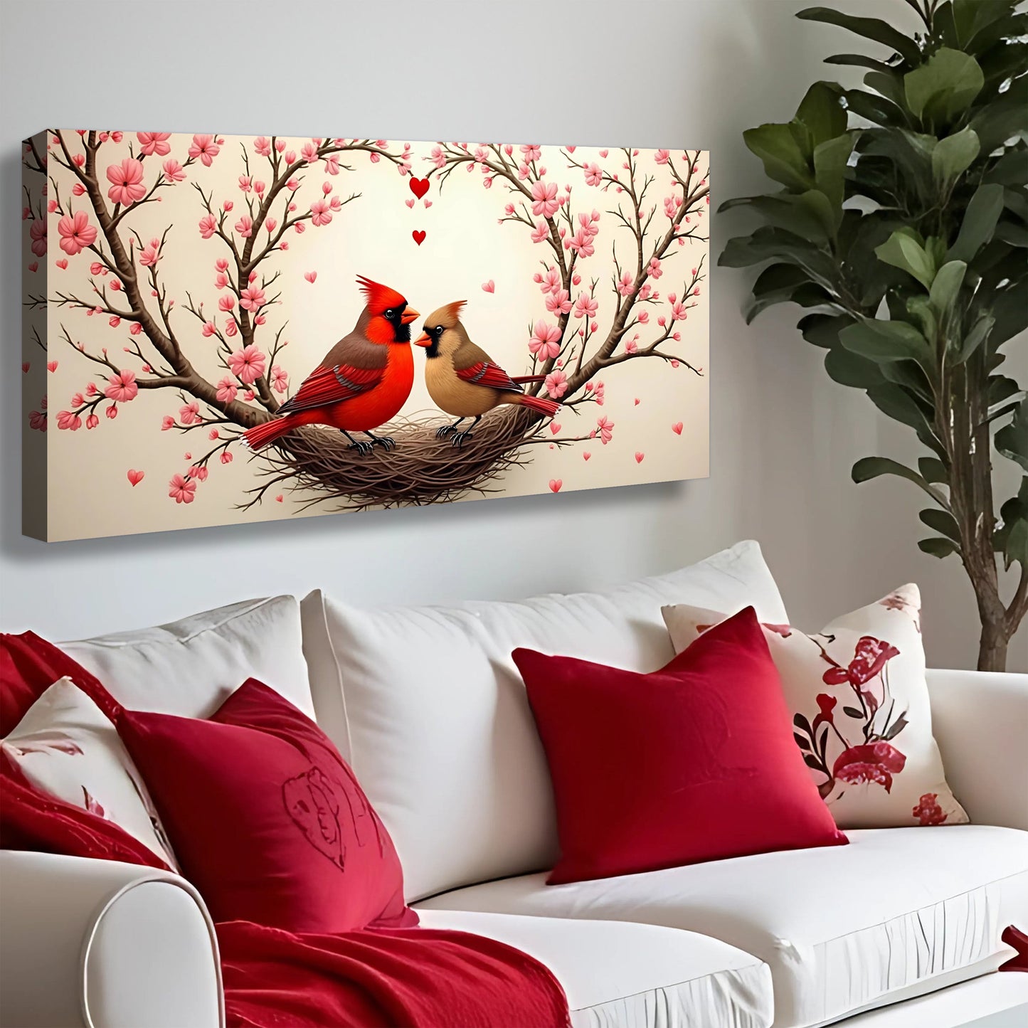 3D Cardinals Wall Art II canvas print featuring two red cardinals on a nest among pink blossoms on Tampa Home & Garden Store