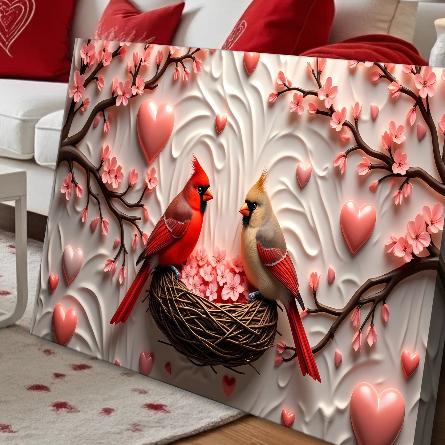 3D Cardinals Wall Art IV canvas by Tailored Canvases with pink blossoms and hearts on satin on Tampa Home & Garden Store
