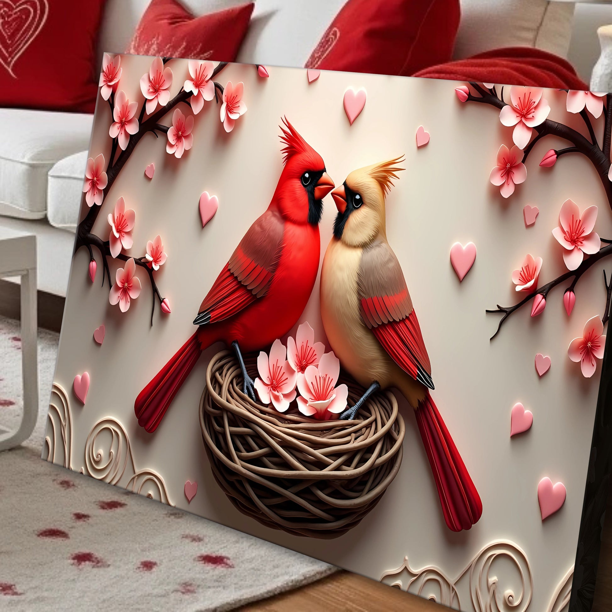 3D Cardinals Wall Art VI canvas by Tailored Canvases with red and tan cardinals among blossoms on Tampa Home & Garden Store