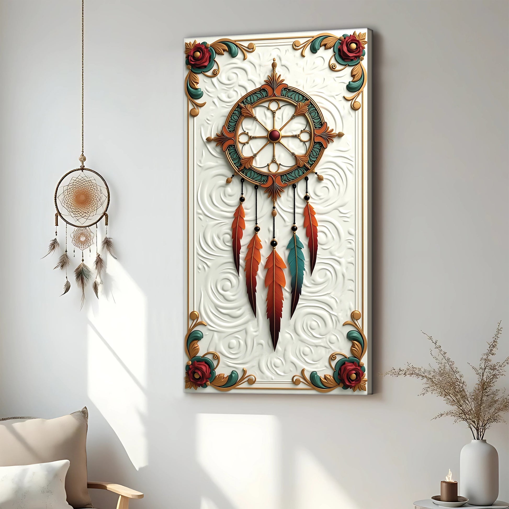 3D Whispering Feathers Wall Art III canvas by Tailored Canvases with teal and copper feathers on Tampa Home & Garden Store