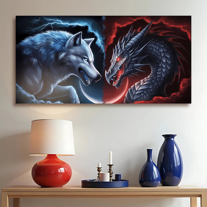3D Dragon and Wolf canvas wall art by Tailored Canvases, blue wolf vs red dragon on Tampa Home & Garden Store