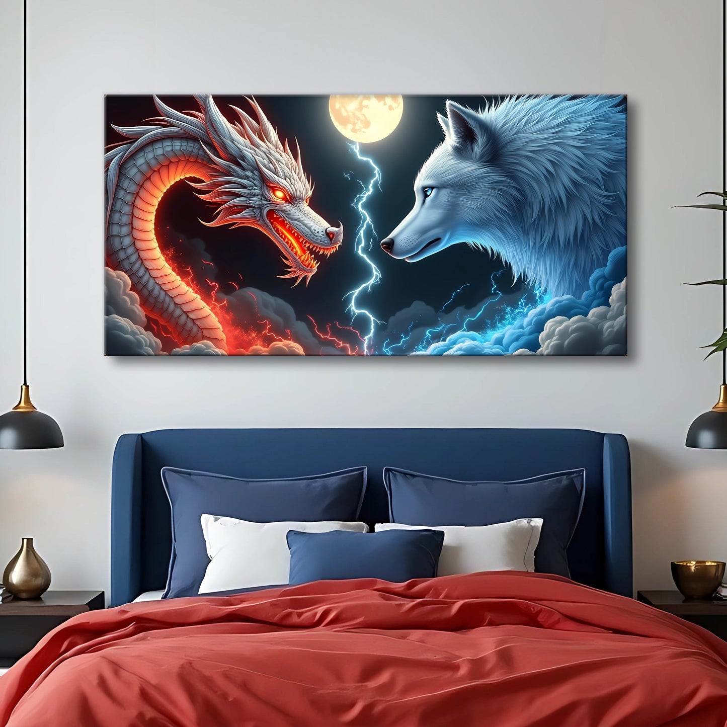 3D Dragon and Wolf Wall Art III canvas by Tailored Canvases dragon vs wolf under moon lighting on Tampa Home & Garden Store