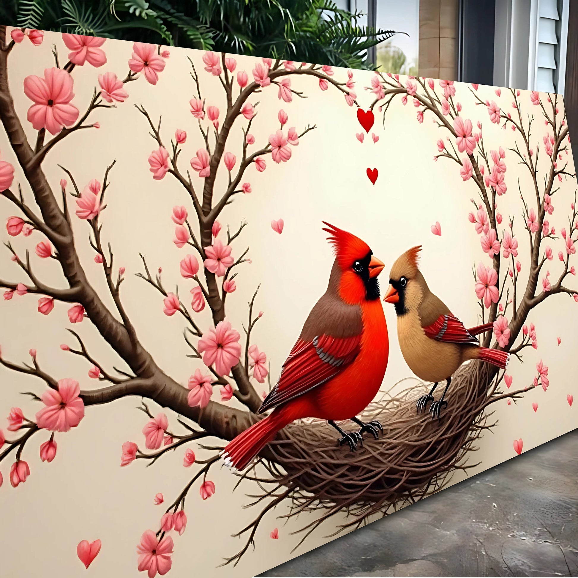 3D Cardinals Wall Art II canvas by Tailored Canvases shows pink blossoms with two red cardinals on Tampa Home & Garden Store