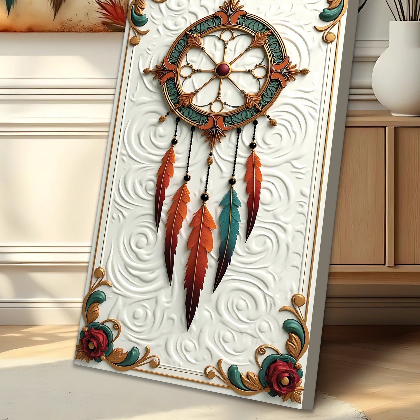 3D Whispering Feathers Wall Art III canvas with gold teal feathers on white textured panel on Tampa Home & Garden Store