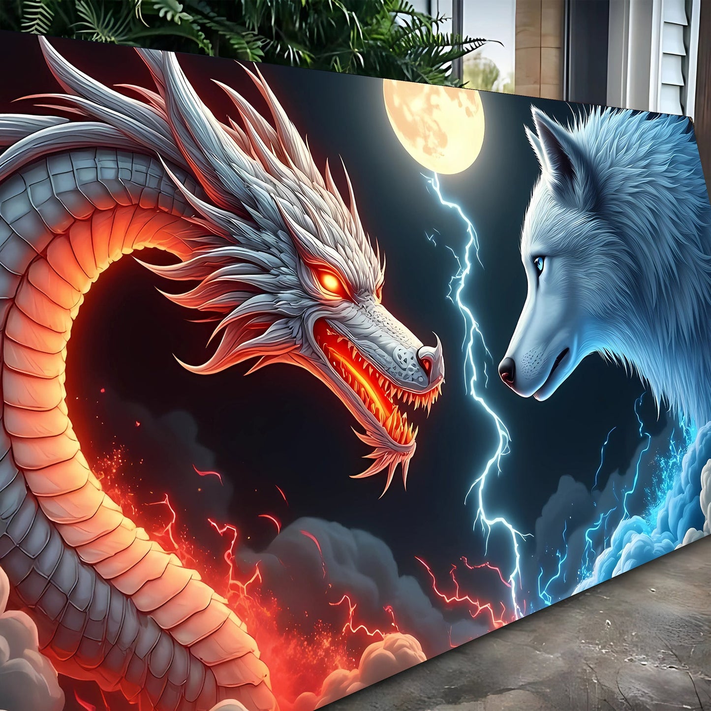 3D Dragon and Wolf Wall Art III canvas by Tailored Canvases, fiery dragon vs icy wolf under moon on Tampa Home & Garden Store