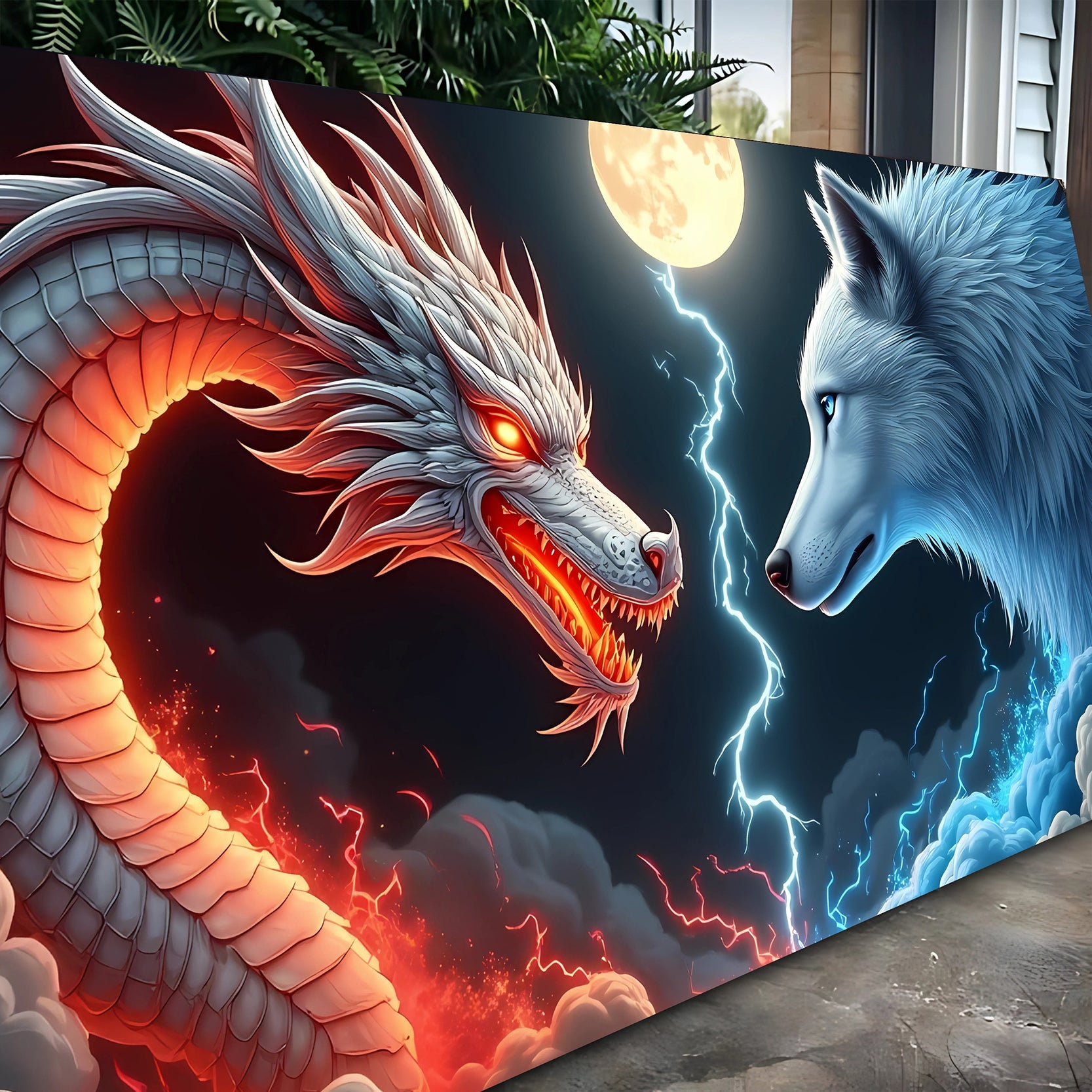 3D Dragon and Wolf Wall Art III canvas by Tailored Canvases, fiery dragon vs icy wolf under moon on Tampa Home & Garden Store