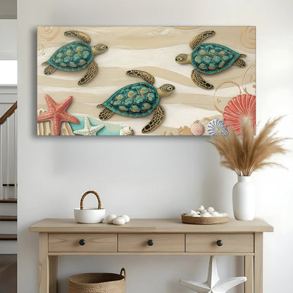 3D Coastal Wall Art VII canvas by Tailored Canvases with three teal sea turtles on backdrop on Tampa Home & Garden Store