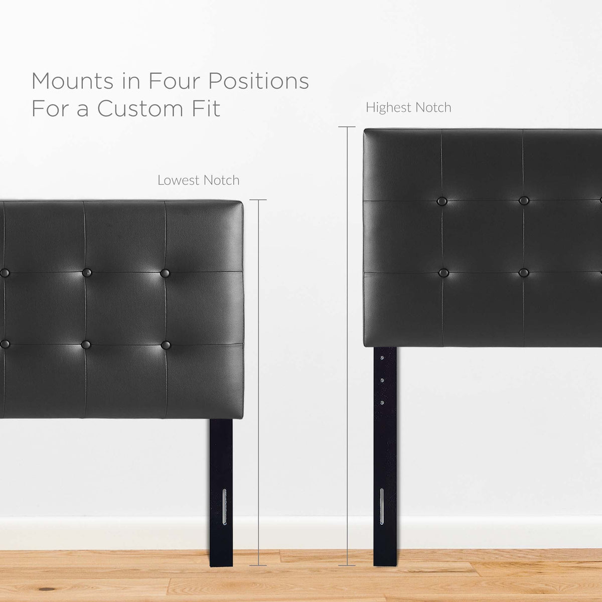 Lily Upholstered Vinyl King Headboard pair in black with tufted grid panels and metal legs on Tampa Home & Garden Store
