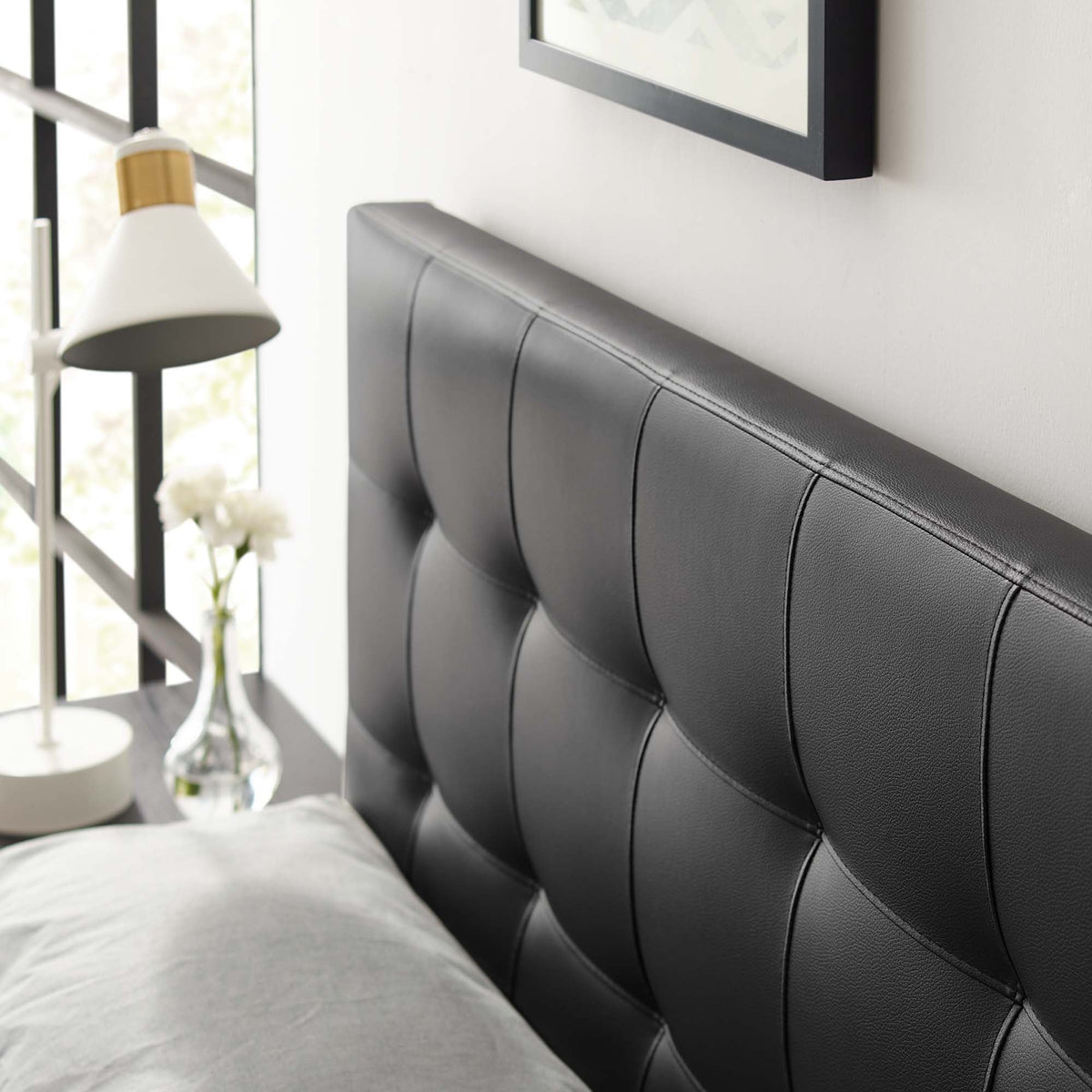 Lily upholstered vinyl king headboard by Modway in black tufted panels on Tampa Home & Garden Store