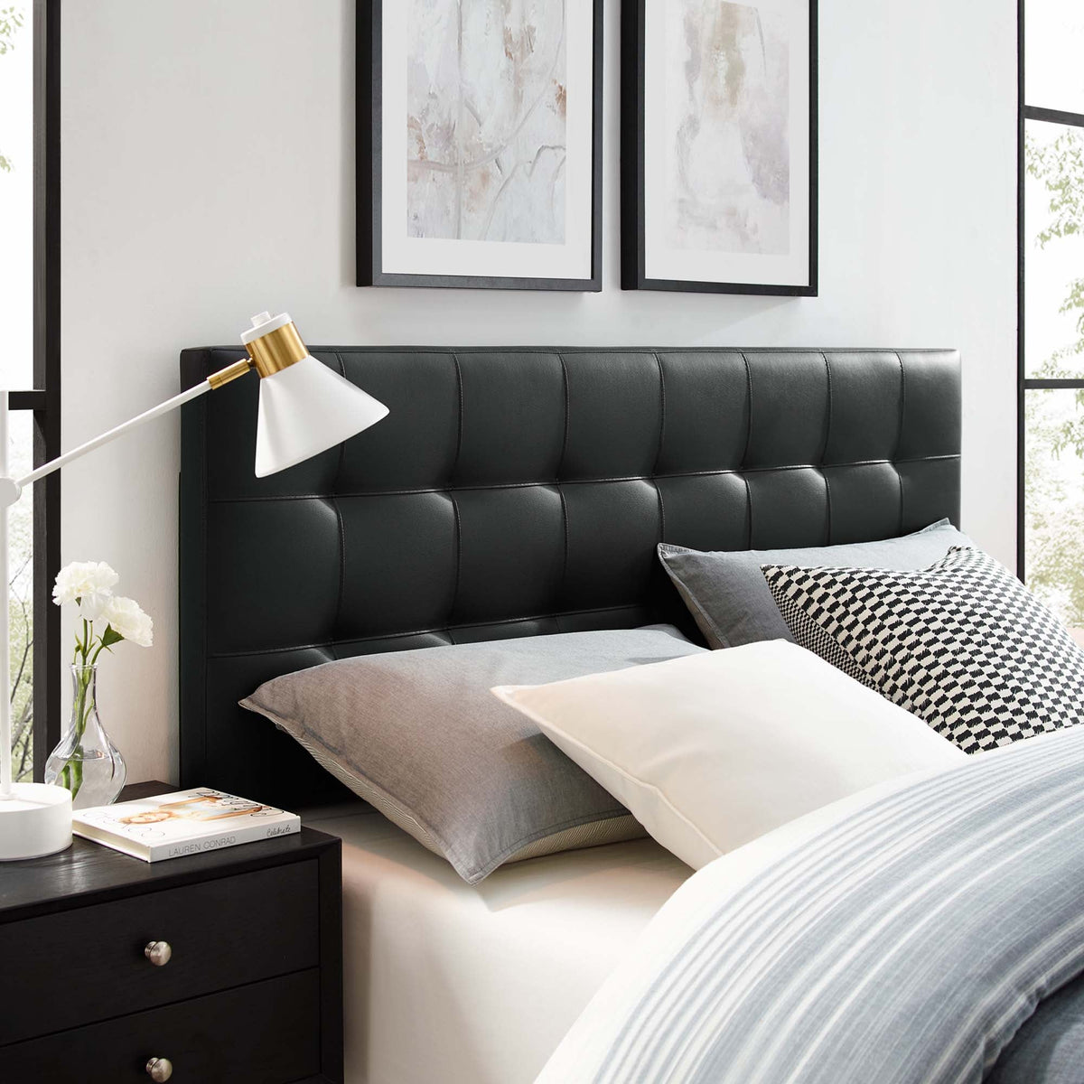 Lily Upholstered Vinyl King Headboard in black with tufted panels by HouseOfZazla on Tampa Home & Garden Store
