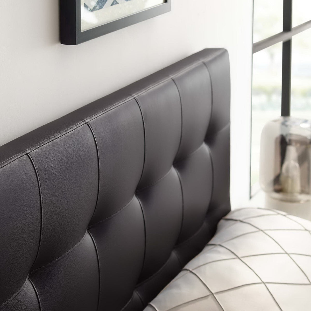 Lily Upholstered Vinyl King Headboard by Modway, dark gray faux leather, panel design on Tampa Home & Garden Store