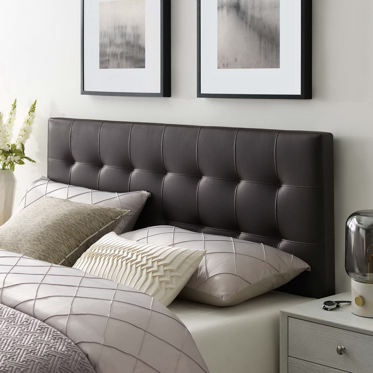 Lily Upholstered Vinyl King Headboard by Modway, black vinyl with tufted panels on Tampa Home & Garden Store