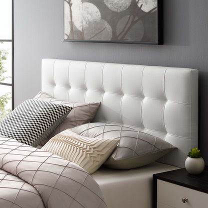 Lily Upholstered Vinyl King Headboard, white tufted headboard for king bed in a modern bedroom on Tampa Home & Garden Store