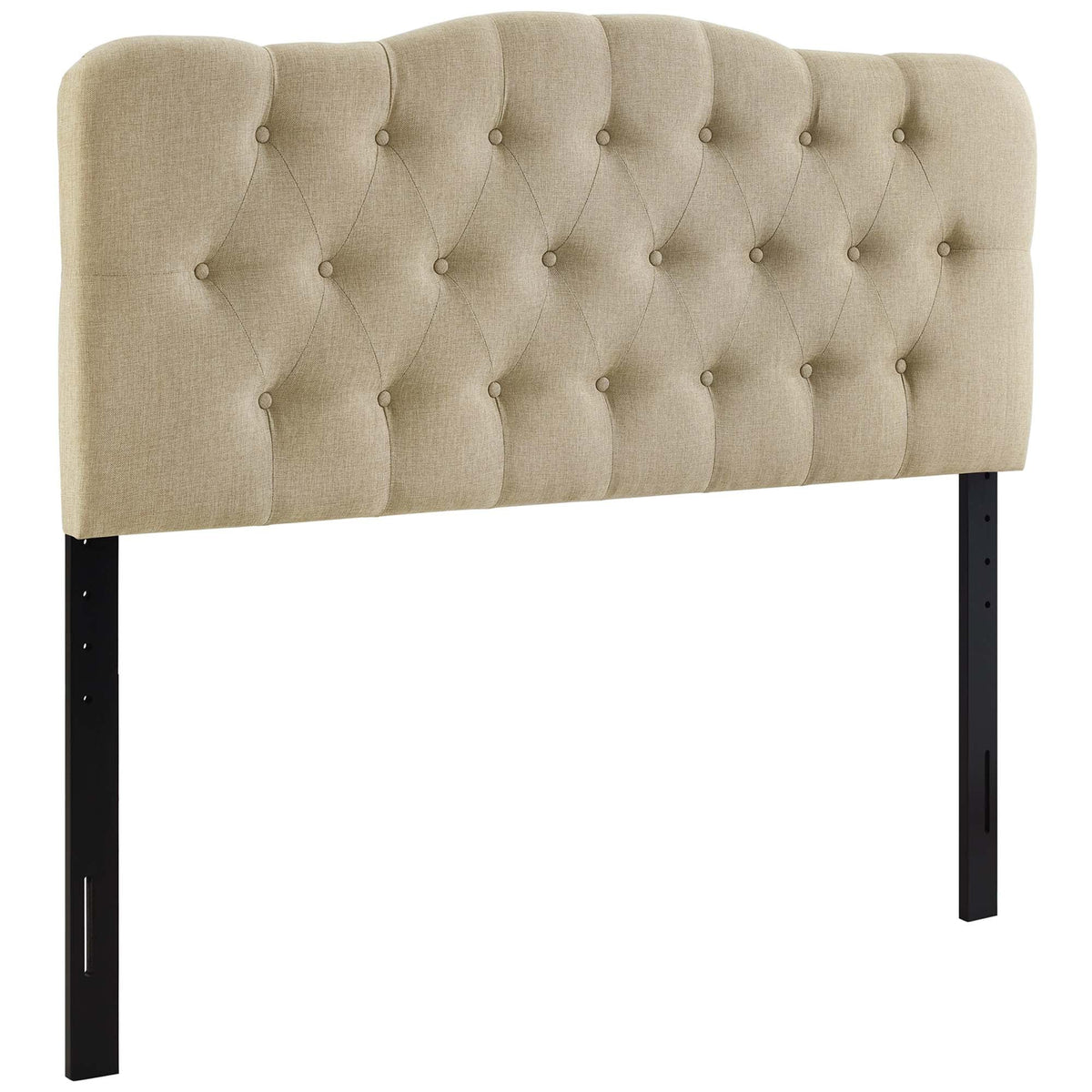 Annabel Upholstered Fabric Queen Headboard in beige with diamond tufting and black legs on Tampa Home & Garden Store