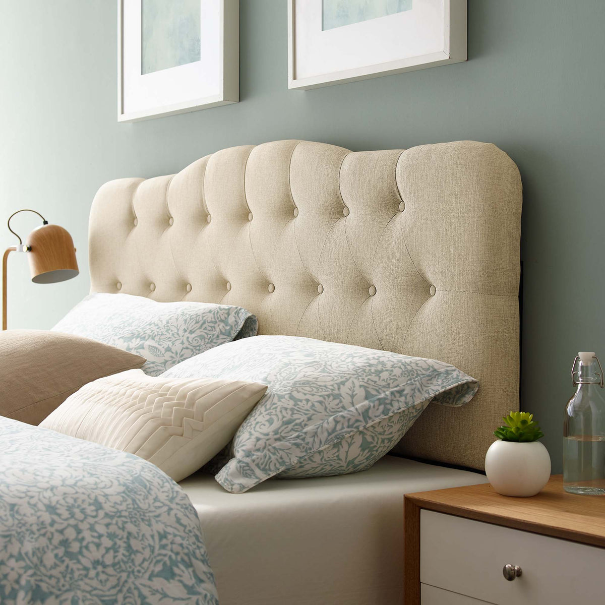 Annabel upholstered queen headboard beige tufted fabric for bedroom decor on Tampa Home & Garden Store