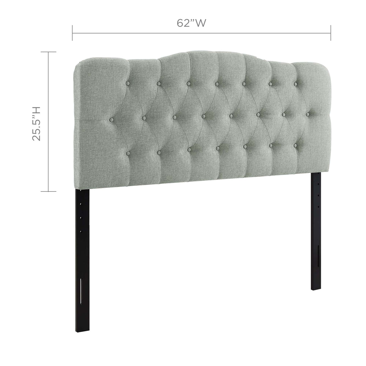 Annabel Upholstered Fabric Queen Headboard in light gray with tufted buttons on black metal legs on Tampa Home & Garden Store