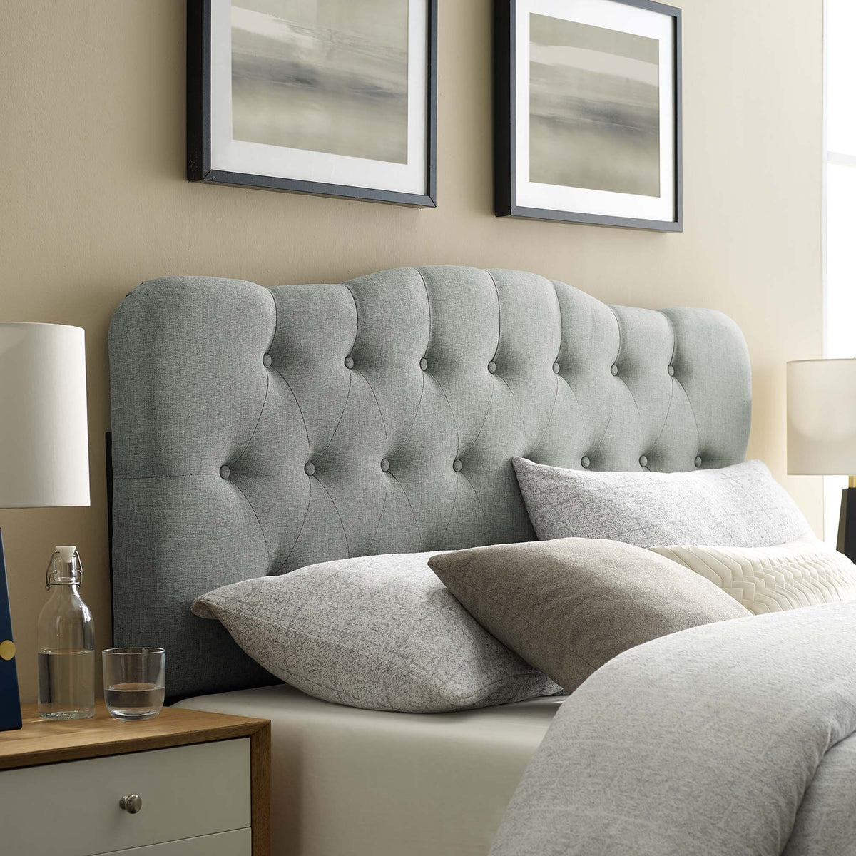 Annabel Upholstered Fabric Queen Headboard in soft gray with tufted buttons on Tampa Home & Garden Store