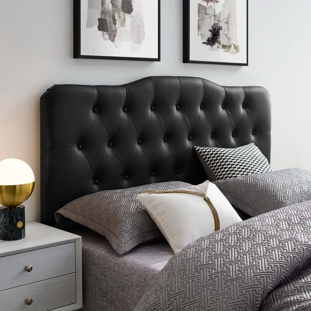 Annabel Upholstered Vinyl Queen Headboard in black with tufted buttons on Tampa Home & Garden Store
