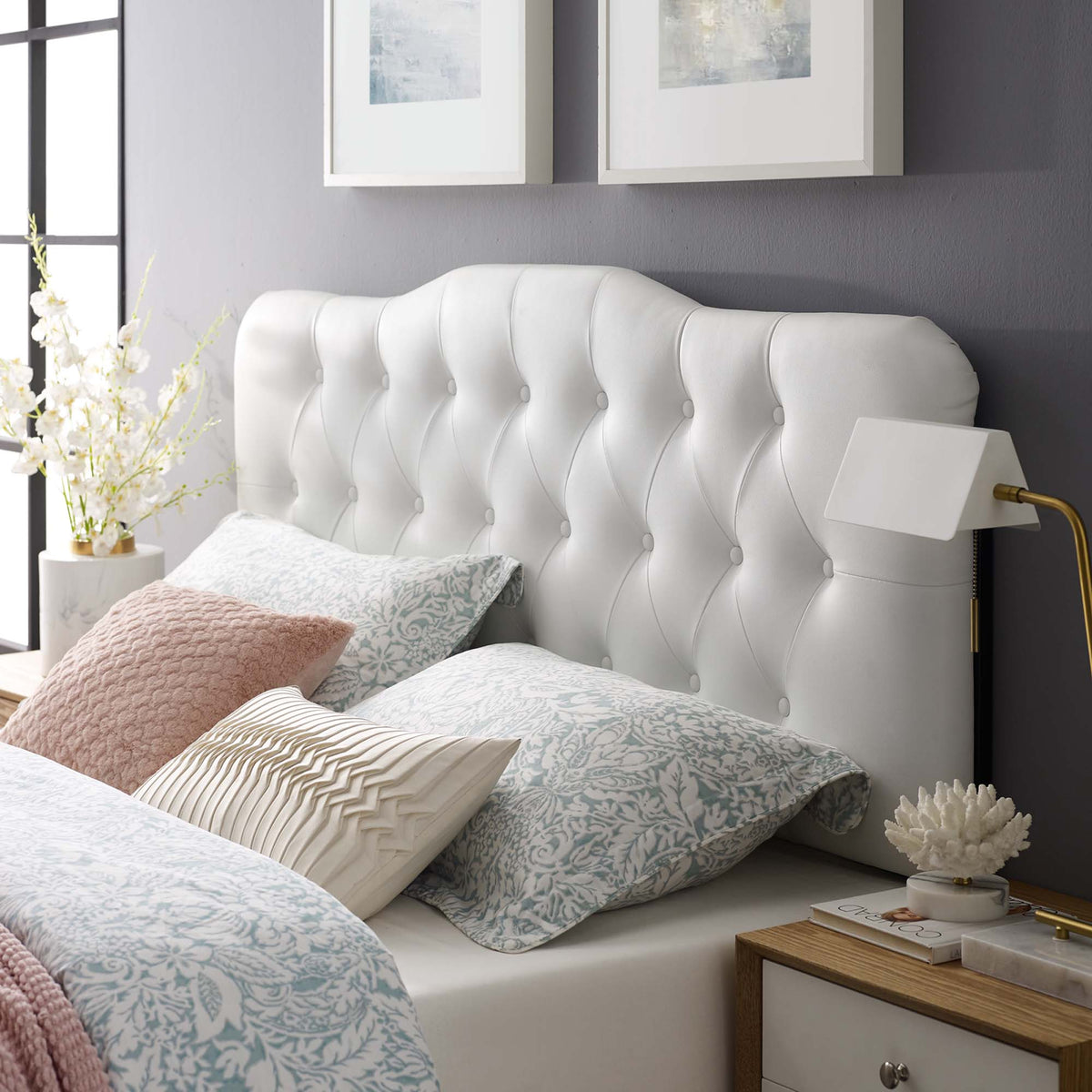 Annabel upholstered vinyl queen headboard by Modway in white with tufted button detailing on Tampa Home & Garden Store
