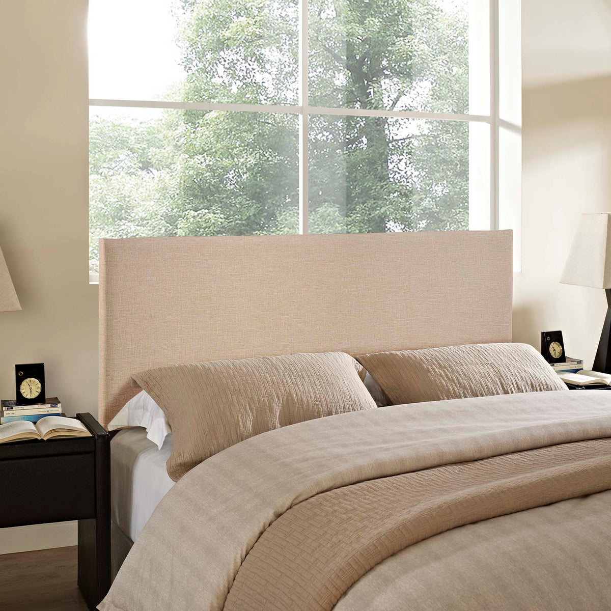 Region Upholstered Queen Headboard by Modway in beige fabric, shown behind taupe bedding on Tampa Home & Garden Store