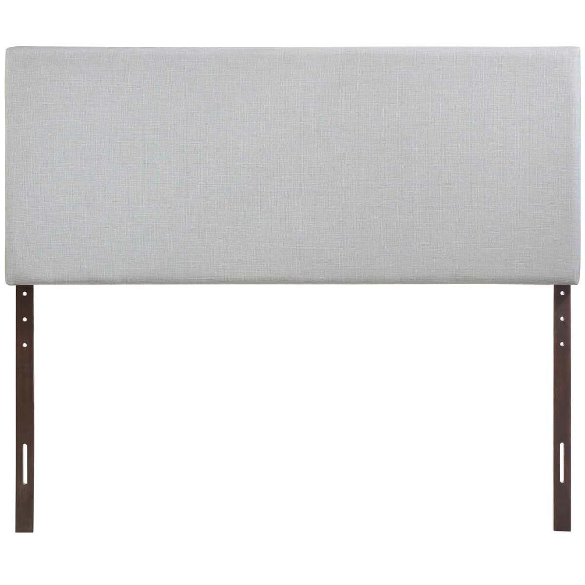 Region upholstered queen headboard in light gray fabric with dark metal legs on Tampa Home & Garden Store