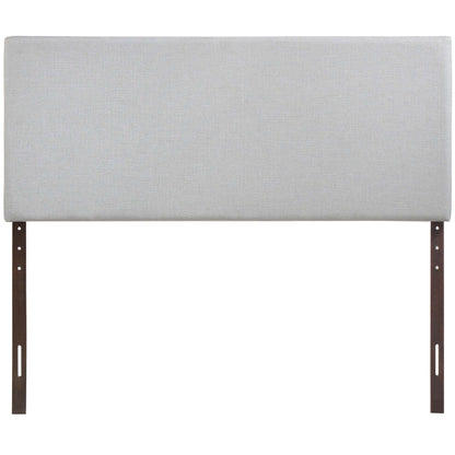 Region upholstered queen headboard in light gray fabric with dark metal legs on Tampa Home & Garden Store