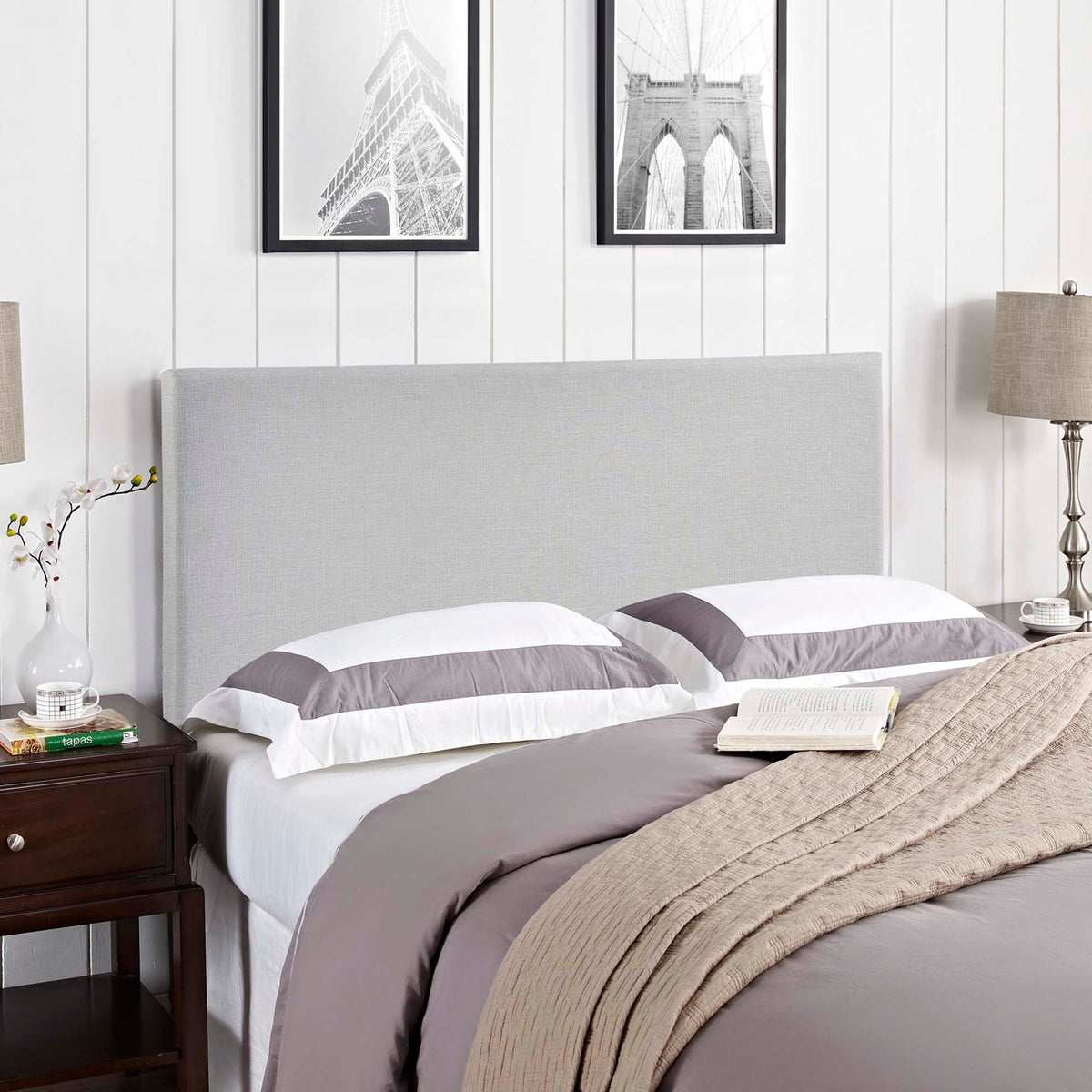 Region Upholstered Queen Headboard in grey fabric, queen size, modern bedroom accent on Tampa Home & Garden Store