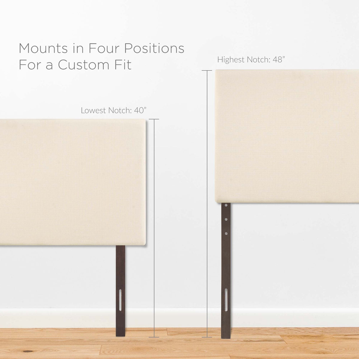Region Upholstered Queen Headboard beige fabric with dark brown mounting rails two headboards on display on Tampa Home & Garden Store