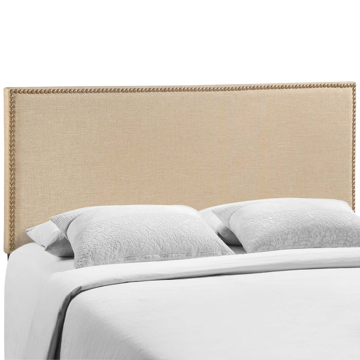 Region Nailhead Upholstered Queen Headboard beige fabric with brass nailhead trim on Tampa Home & Garden Store