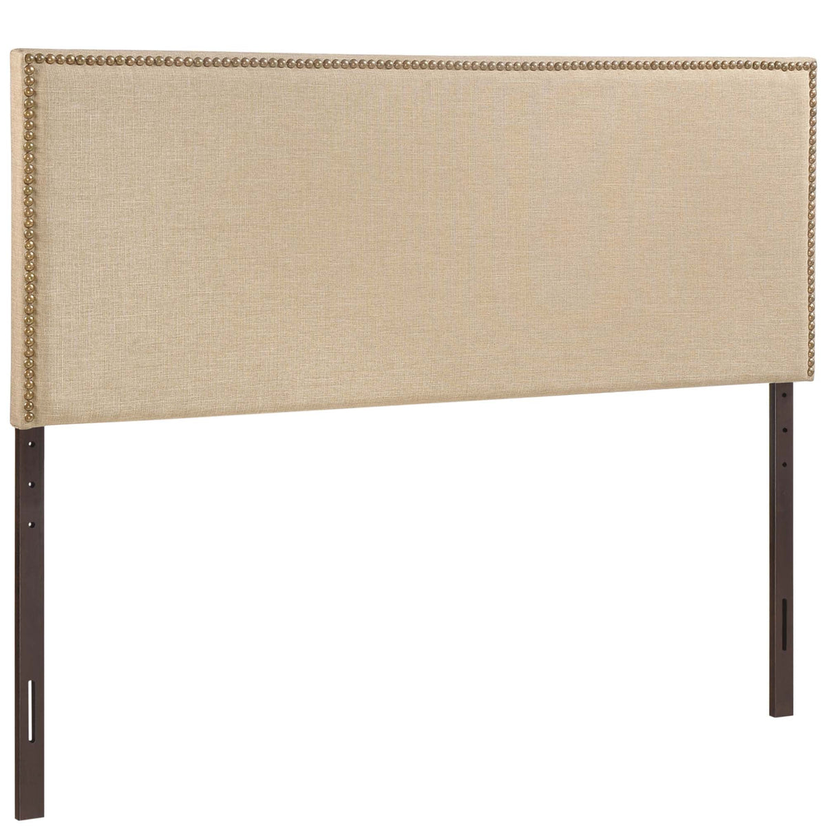 Region Nailhead Upholstered Queen Headboard beige fabric with nailhead trim and dark metal legs on Tampa Home & Garden Store
