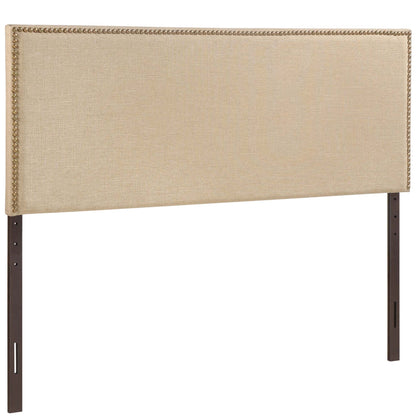 Region Nailhead Upholstered Queen Headboard beige fabric with nailhead trim and dark metal legs on Tampa Home & Garden Store