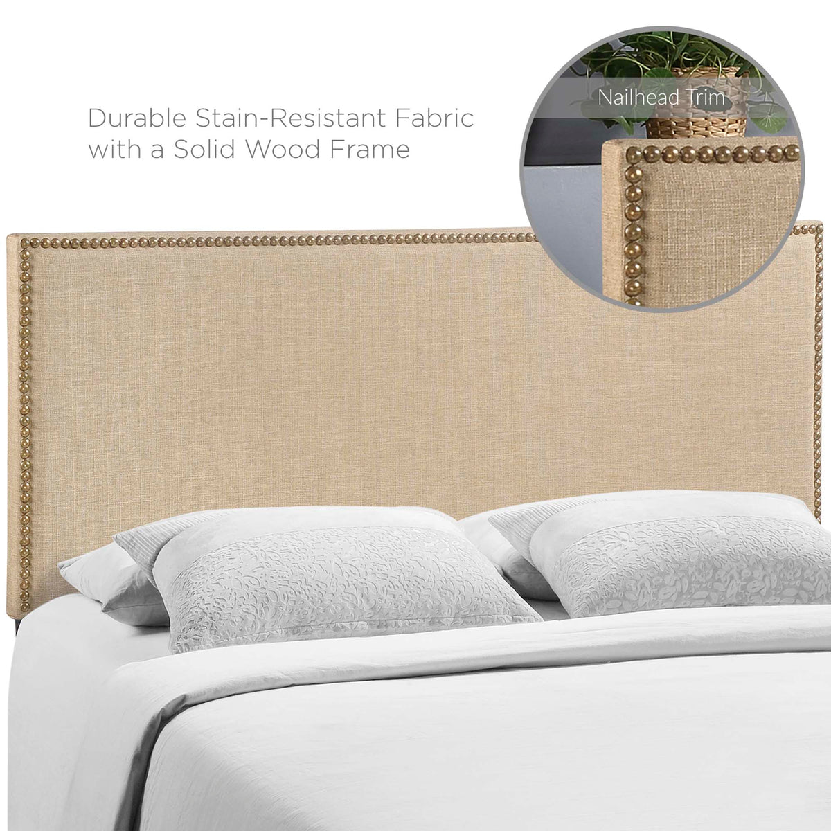Region Nailhead Upholstered Queen Headboard in beige linen with nailhead trim on Tampa Home & Garden Store