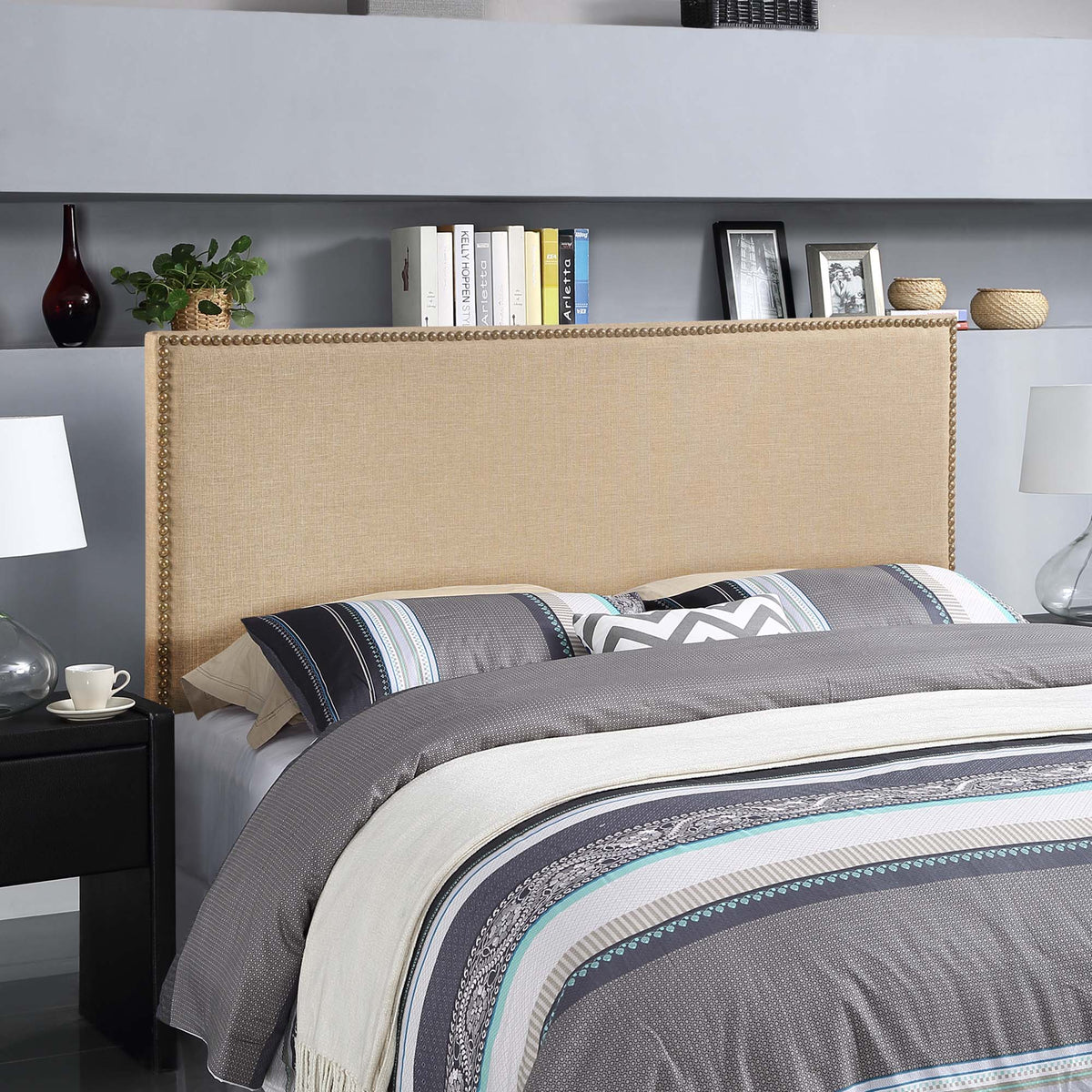Region Nailhead Upholstered Queen Headboard by Modway beige fabric with brass nailhead trim on Tampa Home & Garden Store