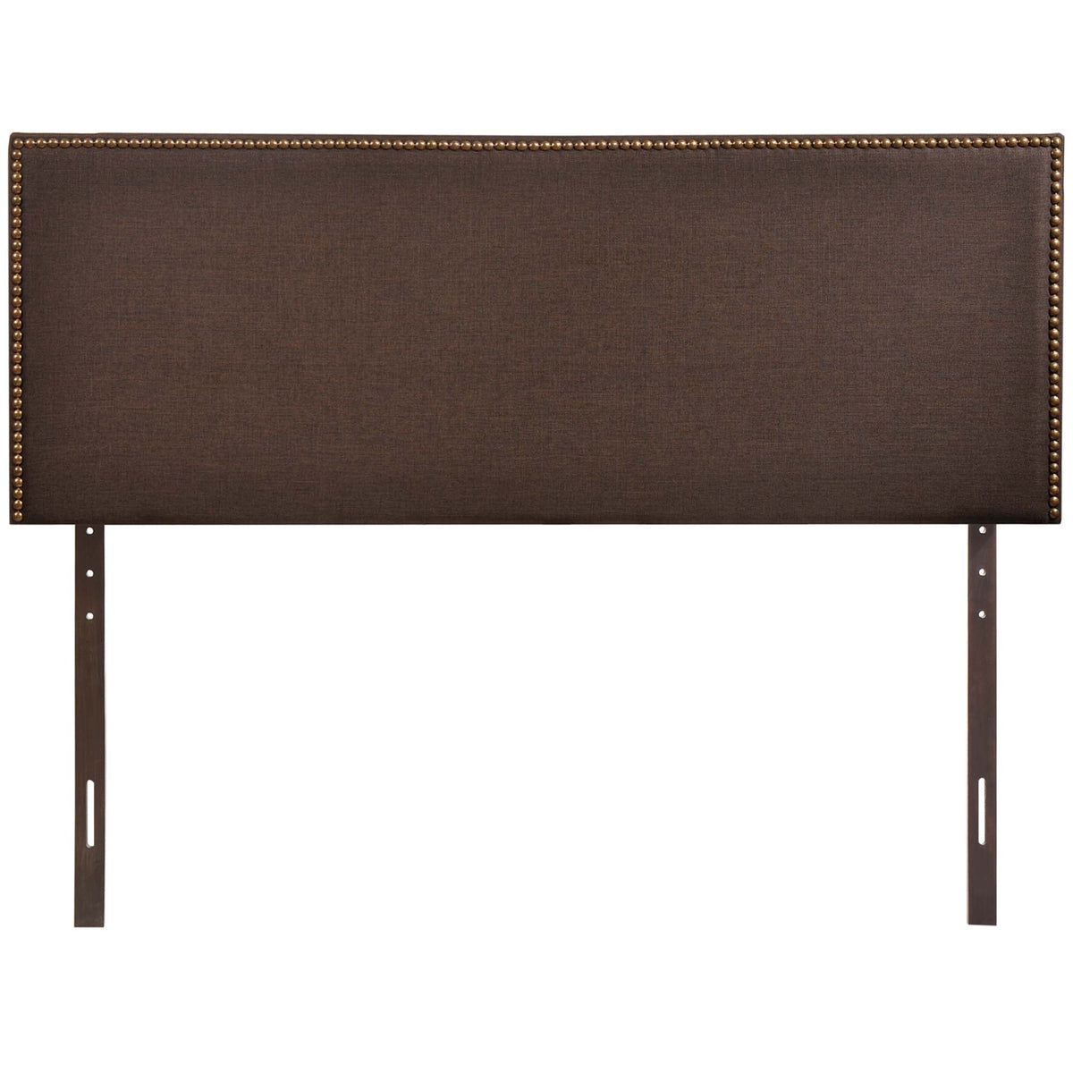 Region nailhead upholstered queen headboard in chocolate brown fabric with brass nailhead trim on Tampa Home & Garden Store