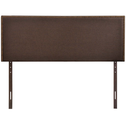 Region nailhead upholstered queen headboard in chocolate brown fabric with brass nailhead trim on Tampa Home & Garden Store