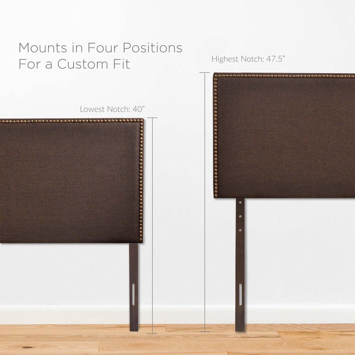 Region Nailhead Upholstered Queen Headboard brown with nailhead trim four-position mounts on Tampa Home & Garden Store