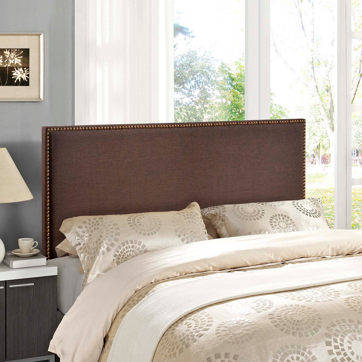 Region Nailhead Upholstered Queen Headboard in brown fabric with brass nailhead trim on Tampa Home & Garden Store