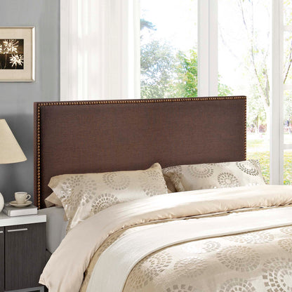Region Nailhead Upholstered Queen Headboard in brown fabric with brass nailhead trim on Tampa Home & Garden Store