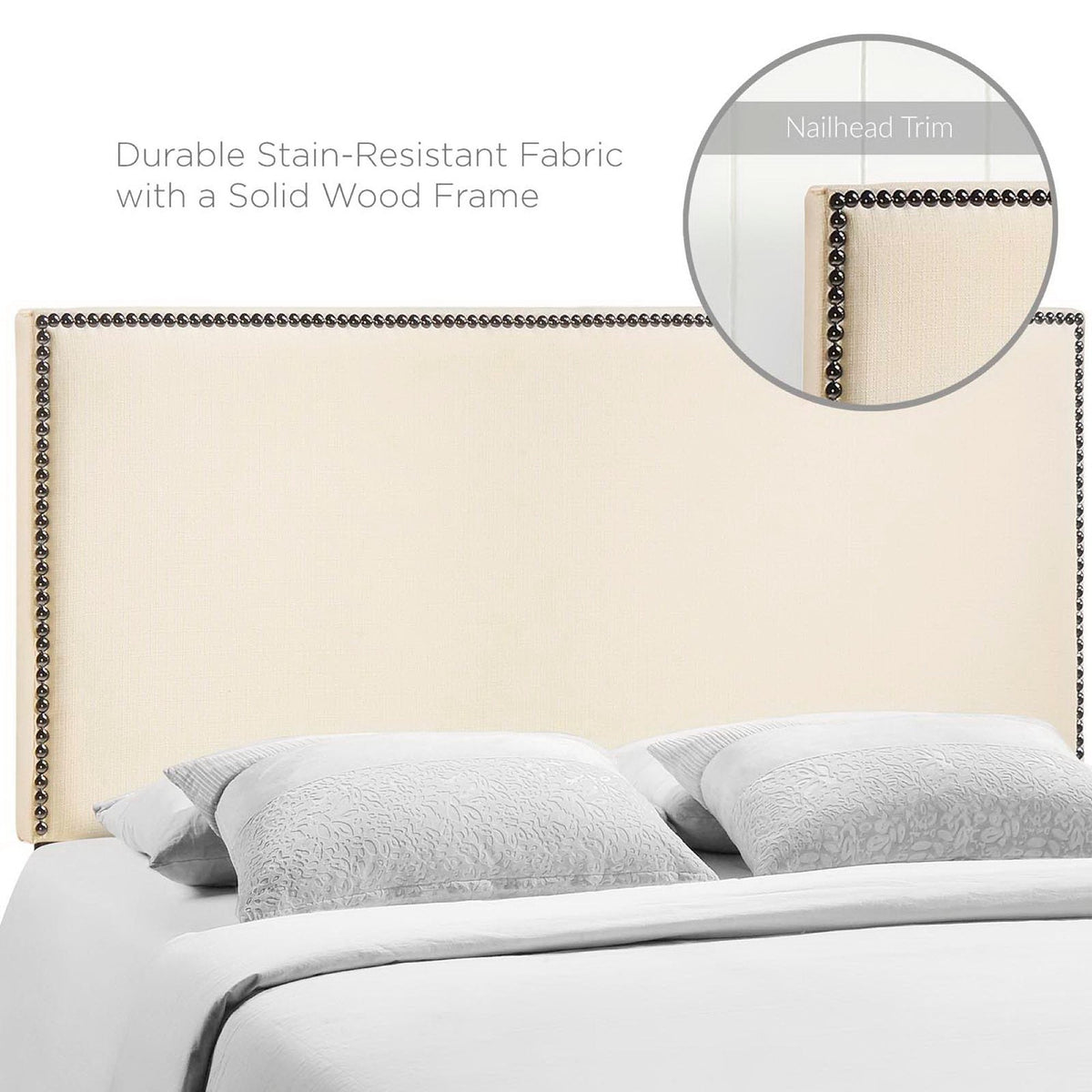 Region Nailhead Upholstered Queen Headboard in beige fabric with nailhead trim on Tampa Home & Garden Store